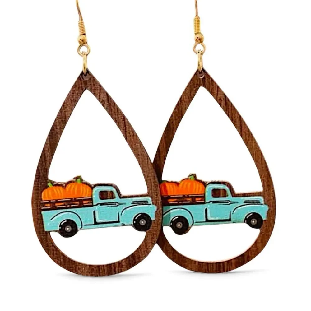 Wooden Vintage Truck with Pumpkins Rustic Teardrop Dangle Earrings